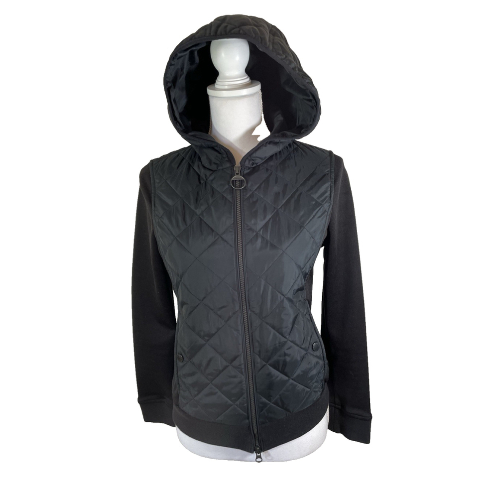 Barbour Brimham Sweat Black Quilted Hooded Two Way Zip Jacket Pockets Size 4